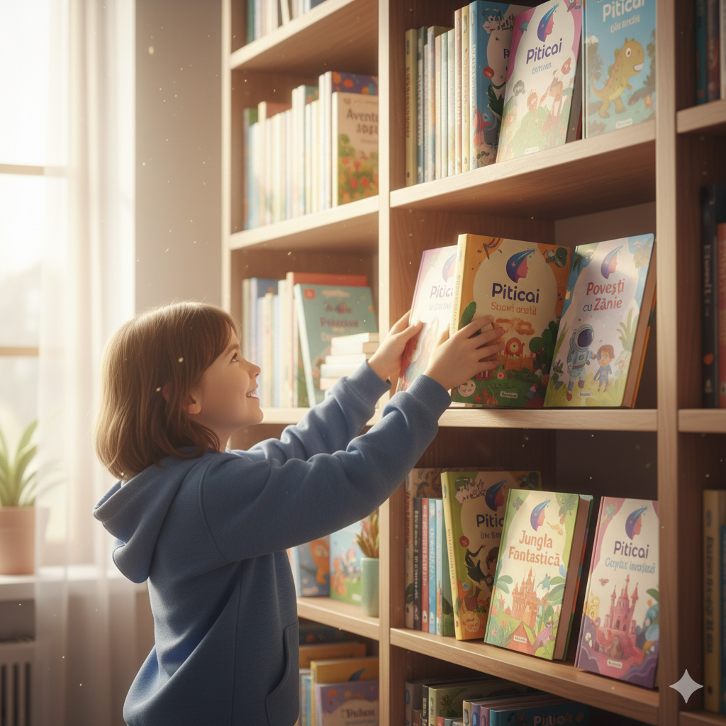 Copil colorând în carte de povești Piticai